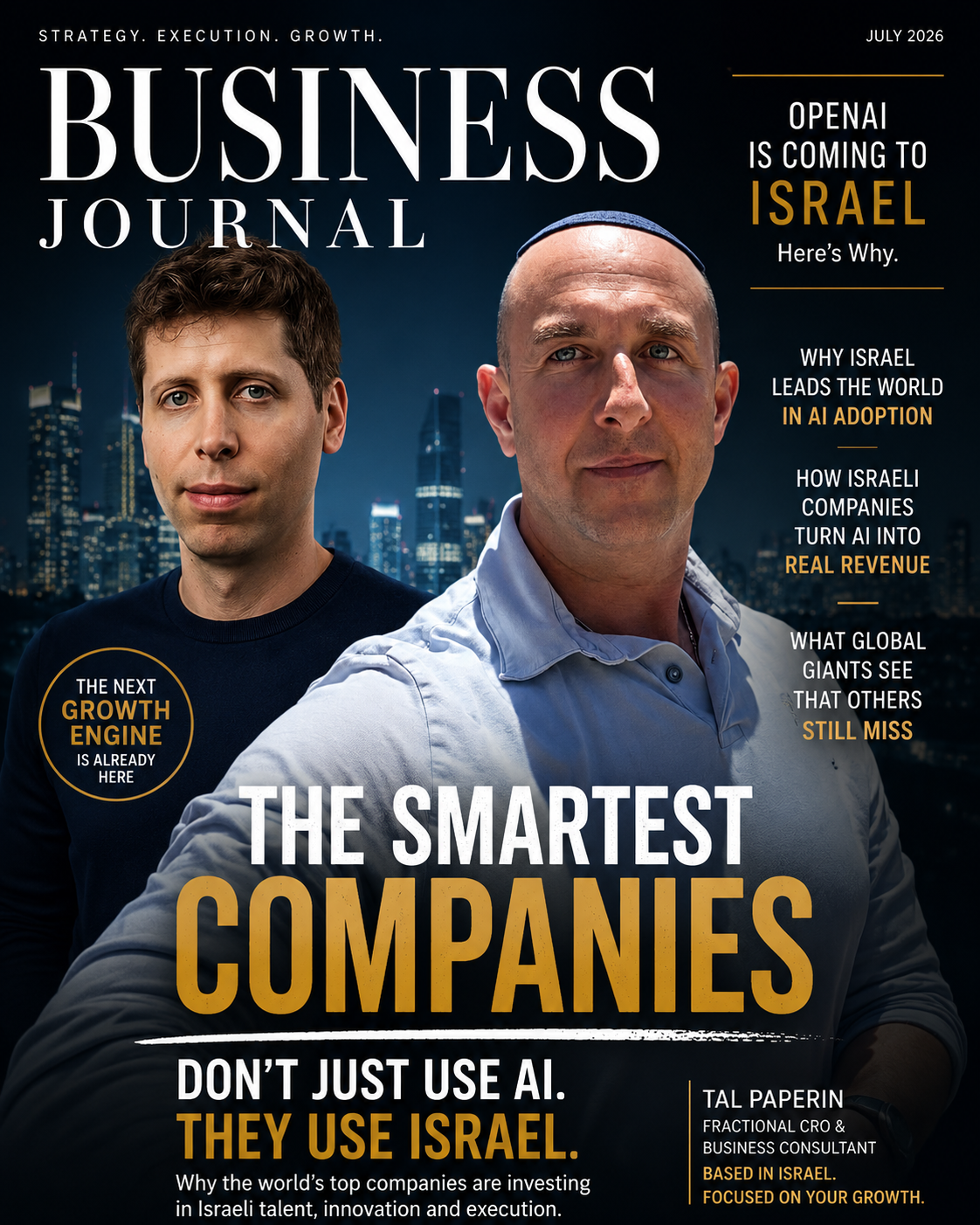 שער Business Journal, יולי 2026: OpenAI מגיעה לישראל, עם סם אלטמן וטל פאפרין, סמנכ״ל מכירות במיקור חוץ מישראל