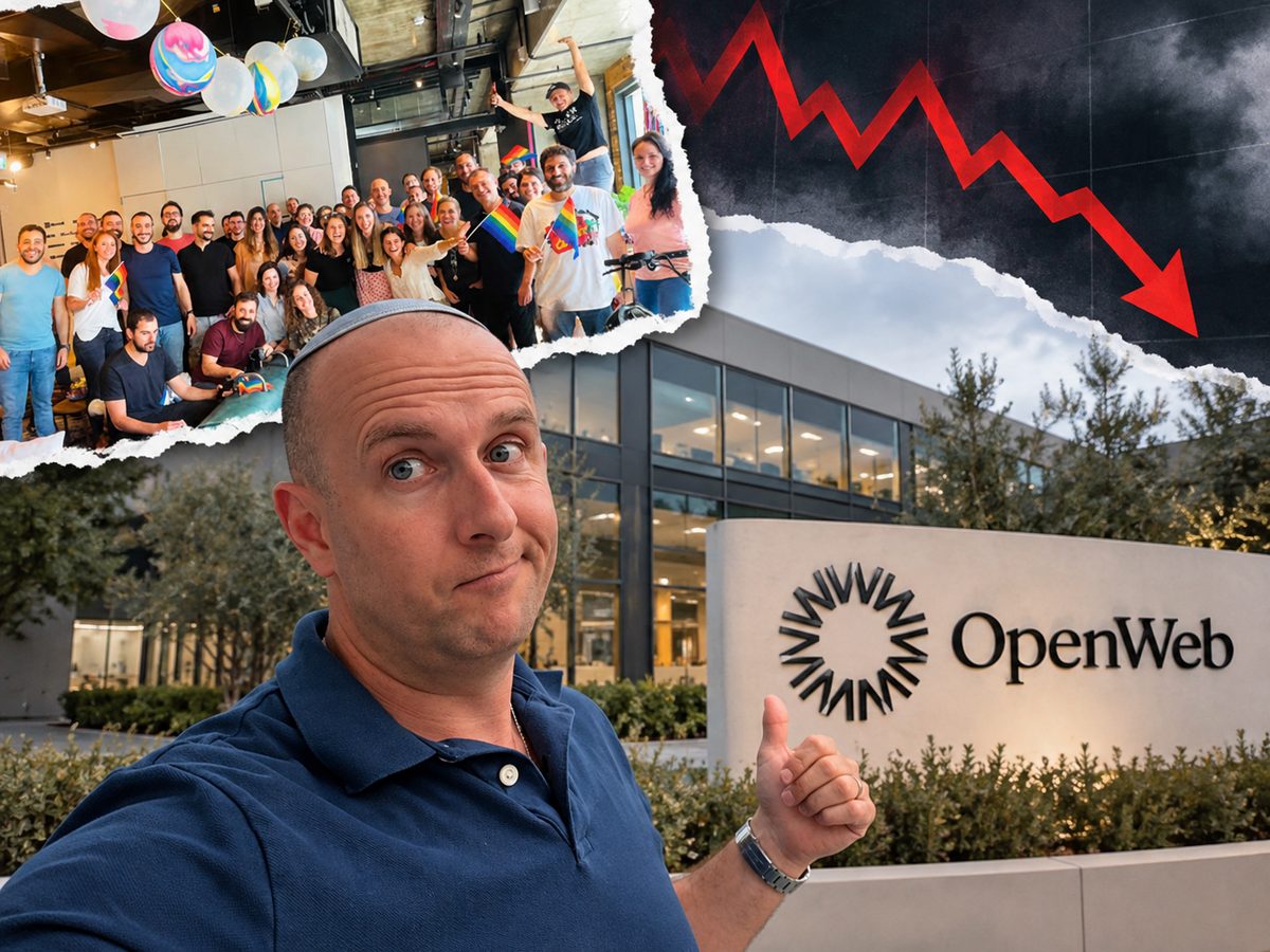 משרדי OpenWeb והלוגו עם חץ הכנסות יורד, ממחיש את חברת הטכנולוגיה הישראלית שמבקשת הגנה מפני חדלות פירעון